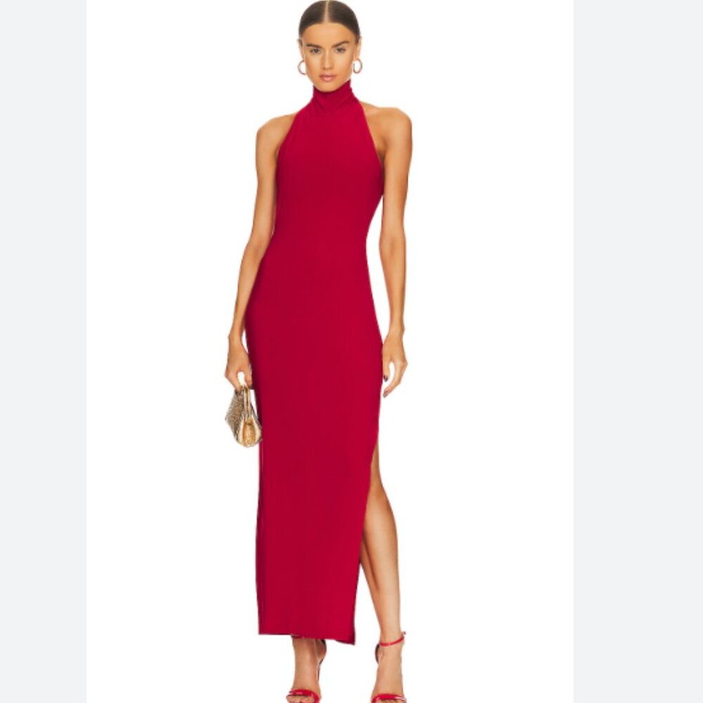 Norma Kamali Halter Turtleneck Side Slit Gown